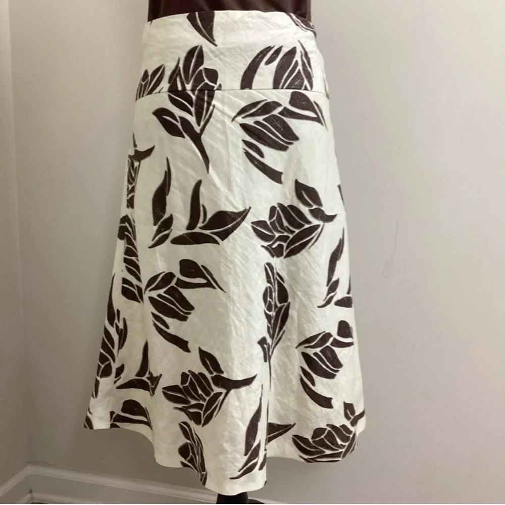 🤎 H&M Brown & Ivory Leaf Print Lined Linen A-Line Skirt Women’s Size 6 - Picture 3 of 16